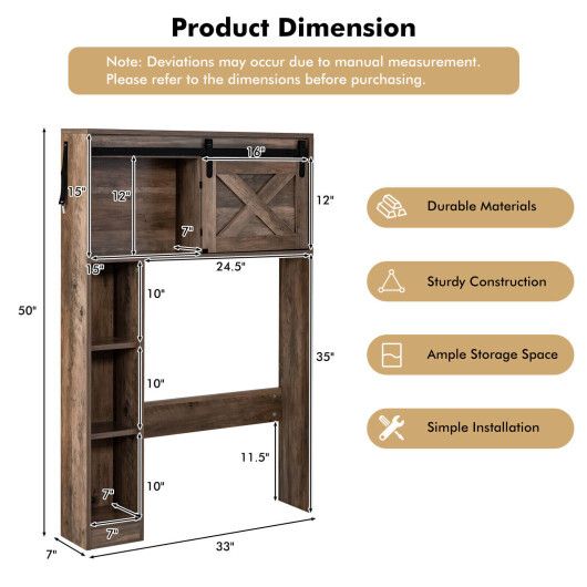 4-Tier Over The Toilet Storage Cabinet with Sliding Barn Door and Storage Shelves-Brown - Color: Brown - Image 4
