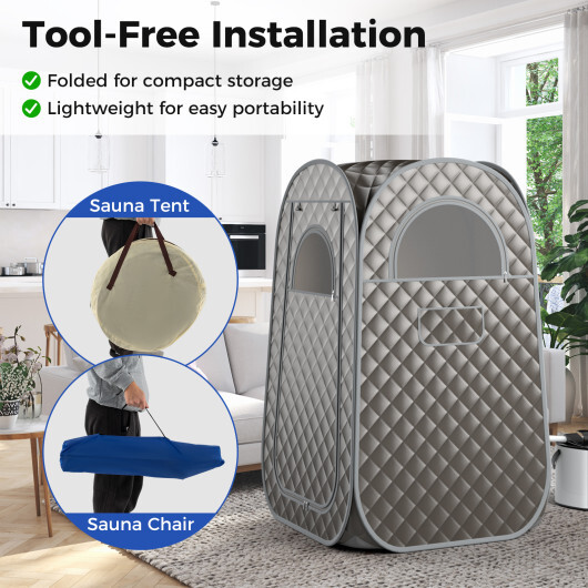 Full-Body Personal Sauna Tent with 1000W 3L Steam Generator for Home Spa Relaxation-Gray - Color: Gray - Image 2