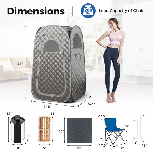 Full-Body Personal Sauna Tent with 1000W 3L Steam Generator for Home Spa Relaxation-Gray - Color: Gray - Image 4