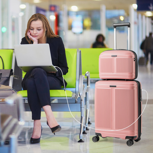 2-Piece Luggage Set 20 Inch Carry-on Suitcase and 14 Inch Cosmetic Case-Pink - Color: Pink - Image 3