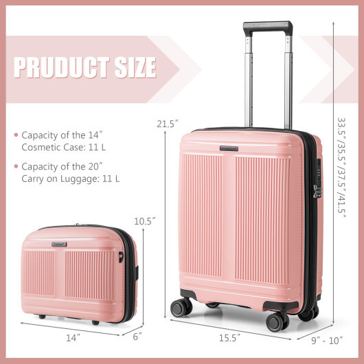 2-Piece Luggage Set 20 Inch Carry-on Suitcase and 14 Inch Cosmetic Case-Pink - Color: Pink - Image 5
