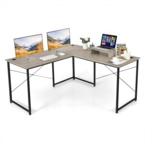 95 Inch 2-Person L-Shaped Long Reversible Computer Desk with Monitor Stand-Gray - Color: Gray