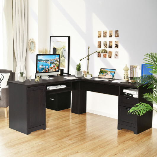 66 Inch L-Shaped Writing Study Workstation Computer Desk with Drawers-Coffee - Color: Dark Brown - Image 2
