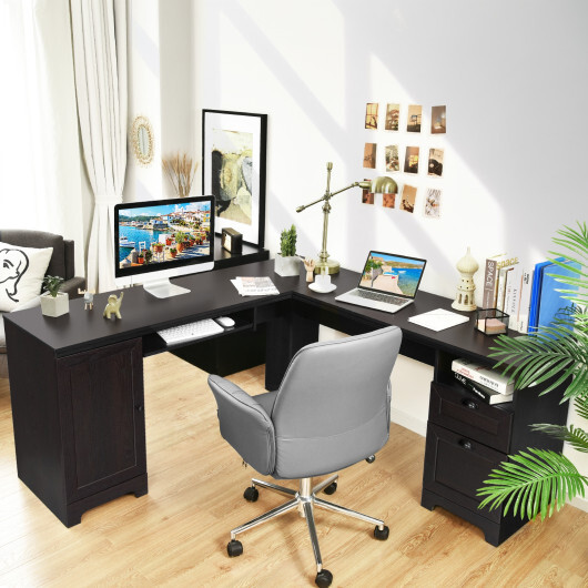 66 Inch L-Shaped Writing Study Workstation Computer Desk with Drawers-Coffee - Color: Dark Brown - Image 3