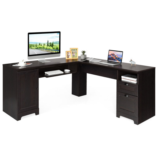 66 Inch L-Shaped Writing Study Workstation Computer Desk with Drawers-Coffee - Color: Dark Brown - Image 4