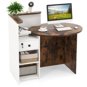 Front Reception Office Desk with Open Shelf and Lockable Drawer-Brown & White - Color: Brown & White