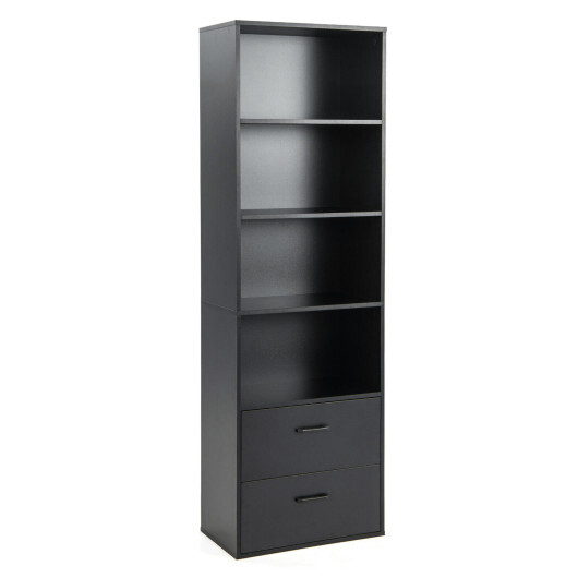 6-Tier Tall Freestanding Bookshelf with 4 Open Shelves and 2 Drawers-Black - Color: Black - Image 4
