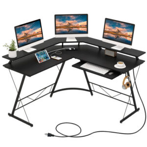 L-shaped Computer Desk with Power Outlet and Monitor Stand-Black - Color: Black