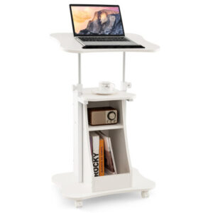 Mobile Podium Stand Height Adjustable Laptop Cart with Tilting Tabletop and Storage Compartments-White - Color: White