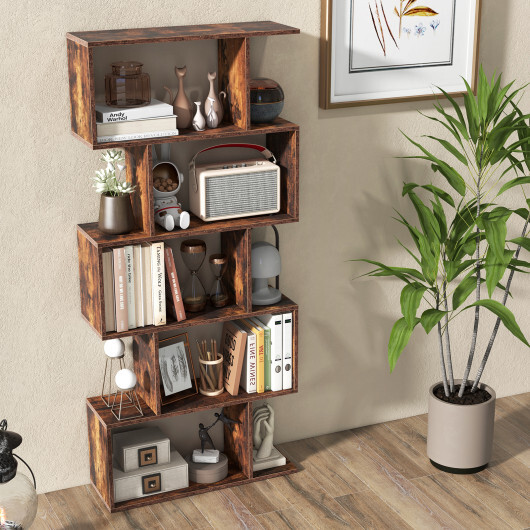 5-Tier Bookshelf with Anti-Toppling Device for Living Room Home Office-Rustic Brown - Color: Rustic Brown - Image 2