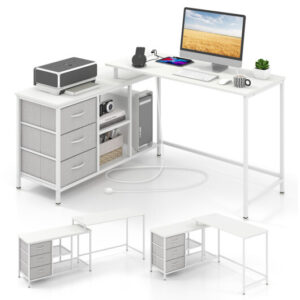 L-shaped Computer Desk with Power Outlet for Working Studying Gaming-White - Color: White