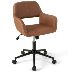 Mid Century Office Chair Faux Leather with Armrests-Brown - Color: Brown