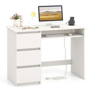 Computer Desk with Power Outlet Keyboard Tray and 3 Large Drawers-White - Color: White