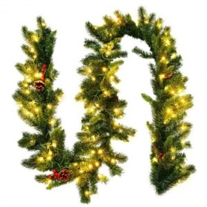 9 Feet Pre-lit Artificial Christmas Garland Red Berries with LED - Color: Green - Size: 9 ft