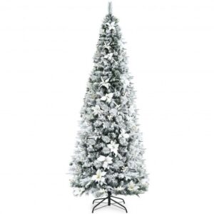 Snow Flocked Christmas Pencil Tree with Berries and Poinsettia Flowers- 8 ft - Color: White - Size: 8 ft