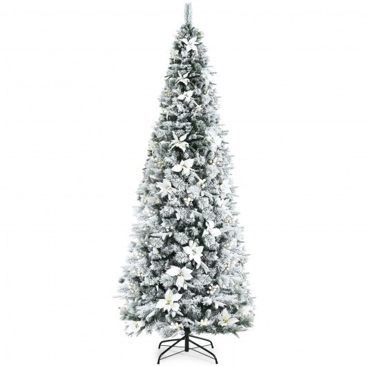 Snow Flocked Christmas Pencil Tree with Berries and Poinsettia Flowers- 8 ft - Color: White - Size: 8 ft
