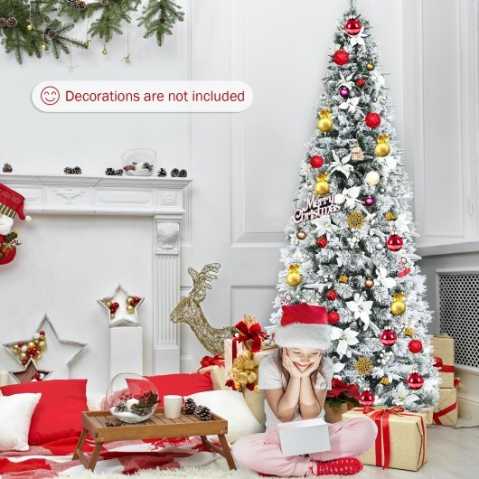 Snow Flocked Christmas Pencil Tree with Berries and Poinsettia Flowers- 8 ft - Color: White - Size: 8 ft - Image 3