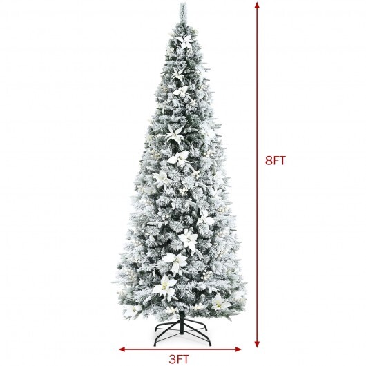 Snow Flocked Christmas Pencil Tree with Berries and Poinsettia Flowers- 8 ft - Color: White - Size: 8 ft - Image 4