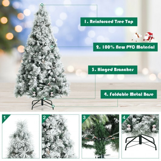 6 Feet Snow Flocked Christmas Tree with Pine Cone and Red Berries - Color: Green - Size: 6 ft - Image 3