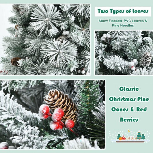 6 Feet Snow Flocked Christmas Tree with Pine Cone and Red Berries - Color: Green - Size: 6 ft - Image 5