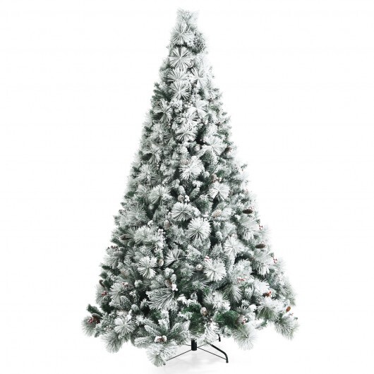 8 Feet Snow Flocked Christmas Tree Glitter Tips with Pine Cone and Red Berries - Color: Green - Size: 8 ft