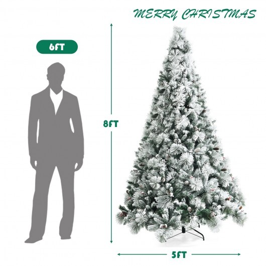 8 Feet Snow Flocked Christmas Tree Glitter Tips with Pine Cone and Red Berries - Color: Green - Size: 8 ft - Image 4