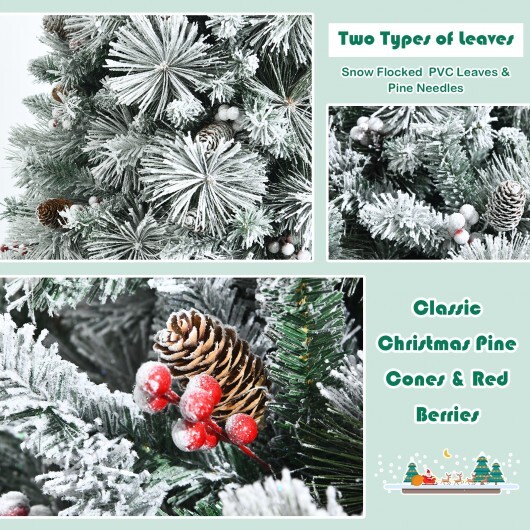 8 Feet Snow Flocked Christmas Tree Glitter Tips with Pine Cone and Red Berries - Color: Green - Size: 8 ft - Image 5