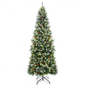 Pre-lit Artificial Pencil Christmas Tree with Pine Cones and Red Berries-7 ft - Color: Green - Size: 7 ft