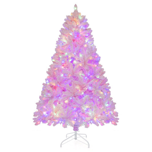 6 FT Flocked Artificial Xmas Tree Hinged with 350 LED Lights - Color: Pink - Image 4