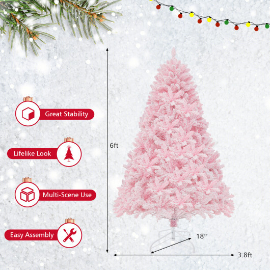 6 FT Flocked Artificial Xmas Tree Hinged with 350 LED Lights - Color: Pink - Image 5