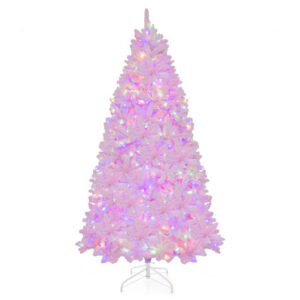 7 Feet Flocked Artificial Christmas Tree with 500 LED Lights and 1200 Branches - Color: Pink - Size: 7 ft