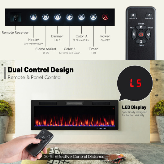 Electric Fireplace 40/50/60 Inches Recessed and Wall Mounted for 2' x 6' Stud-50 inches - Color: Black - Size: 50 inches - Image 5