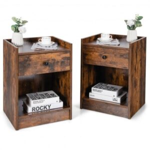 Set of 2 Nightstand with Drawer Cabinet End Side Table Raised Top-Brown - Color: Brown