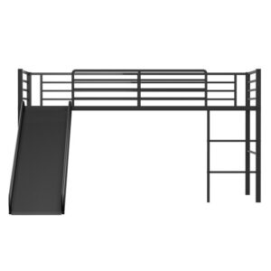 Twin Metal Loft Bed with Slide Safety Guardrails and Built-in Ladder-Black - Color: Black - Size: Twin Size