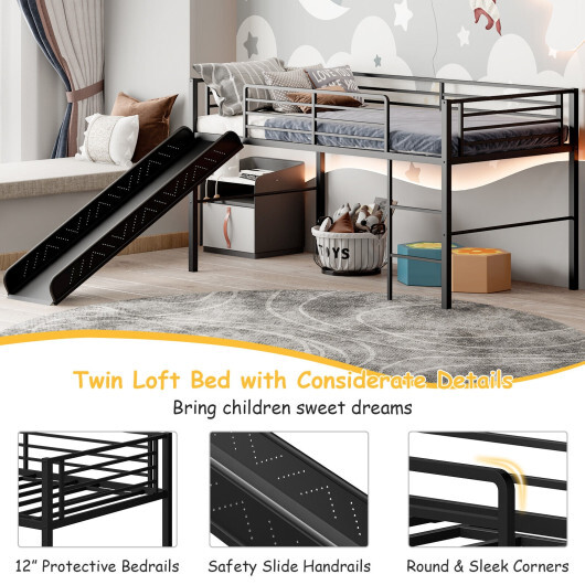 Twin Metal Loft Bed with Slide Safety Guardrails and Built-in Ladder-Black - Color: Black - Size: Twin Size - Image 3
