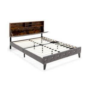 Full/Queen Size Upholstered Bed Frame with Storage Headboard-Full Size - Color: Gray - Size: Full Size