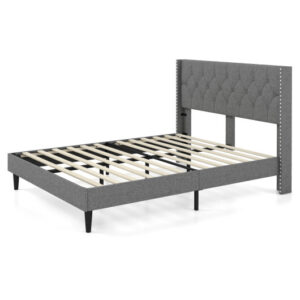 Full/Queen Size Upholstered Platform Bed with Button Tufted Headboard-Full Size - Color: Gray - Size: Full Size
