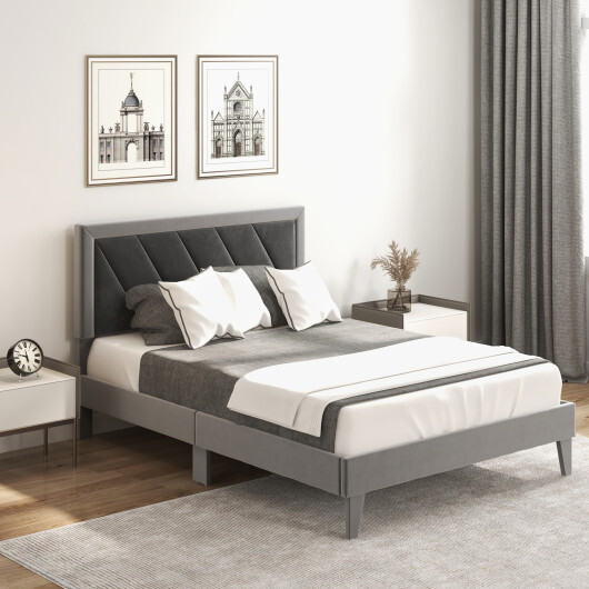 Twin/Full/Queen Platform Bed with High Headboard and Wooden Slats-Full Size - Color: Black & Gray - Size: Full Size - Image 2