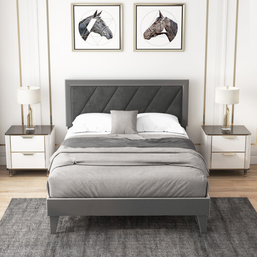 Twin/Full/Queen Platform Bed with High Headboard and Wooden Slats-Full Size - Color: Black & Gray - Size: Full Size - Image 3