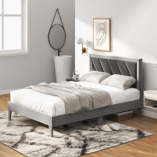 Twin/Full/Queen Platform Bed with High Headboard and Wooden Slats-Full Size - Color: Black & Gray - Size: Full Size - Image 5