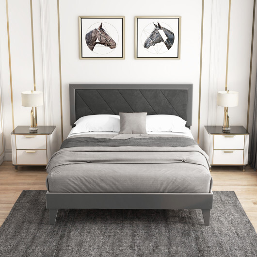 Twin/Full/Queen Platform Bed with High Headboard and Wooden Slats-Queen Size - Color: Black & Gray - Size: Queen Size - Image 3