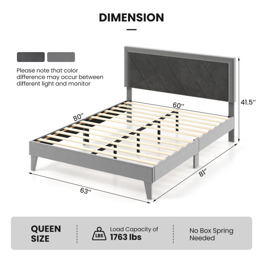 Twin/Full/Queen Platform Bed with High Headboard and Wooden Slats-Queen Size - Color: Black & Gray - Size: Queen Size - Image 4