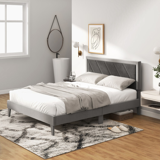 Twin/Full/Queen Platform Bed with High Headboard and Wooden Slats-Queen Size - Color: Black & Gray - Size: Queen Size - Image 5
