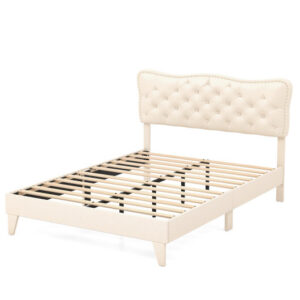 Full Size Bed Frame with Nail Headboard and Wooden Slats - Color: Beige - Size: Full Size