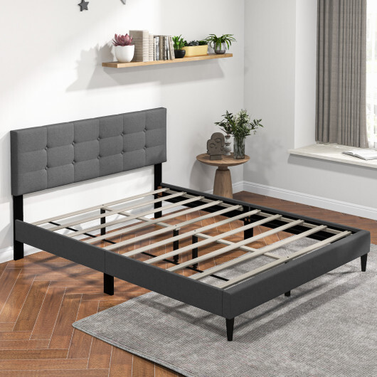 Queen Size Upholstered Platform Bed with Button Tufted Headboard-Gray - Color: Gray - Image 2