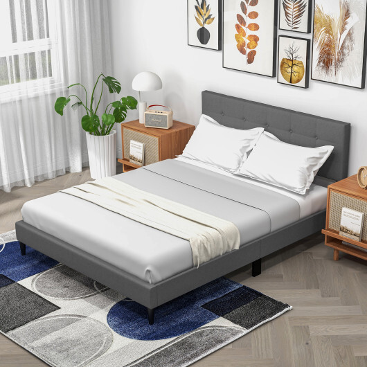Queen Size Upholstered Platform Bed with Button Tufted Headboard-Gray - Color: Gray - Image 3