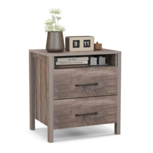 Nightstand with 2 Drawers Farmhouse Bed Side Table with Open Storage Shelf-Grey - Color: Gray
