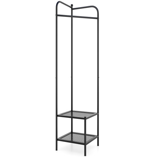 Corner Coat Rack with Top Hanger and 2 Mesh Shelves for Entryway Hallway Living Room Bedroom-Black - Color: Black