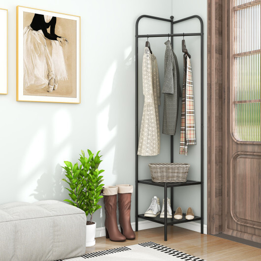 Corner Coat Rack with Top Hanger and 2 Mesh Shelves for Entryway Hallway Living Room Bedroom-Black - Color: Black - Image 2