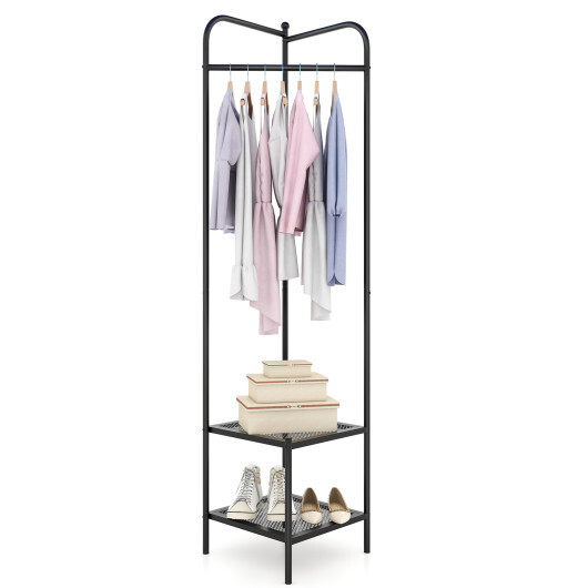 Corner Coat Rack with Top Hanger and 2 Mesh Shelves for Entryway Hallway Living Room Bedroom-Black - Color: Black - Image 4